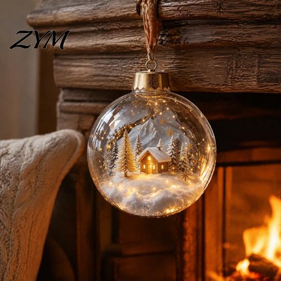 Lightweight Hanging Christmas Ball Ornament with LED Lights, Snow Scene Acrylic Clear Holiday Decor, Shatterproof Xmas Tree Sphere Theme Decorations