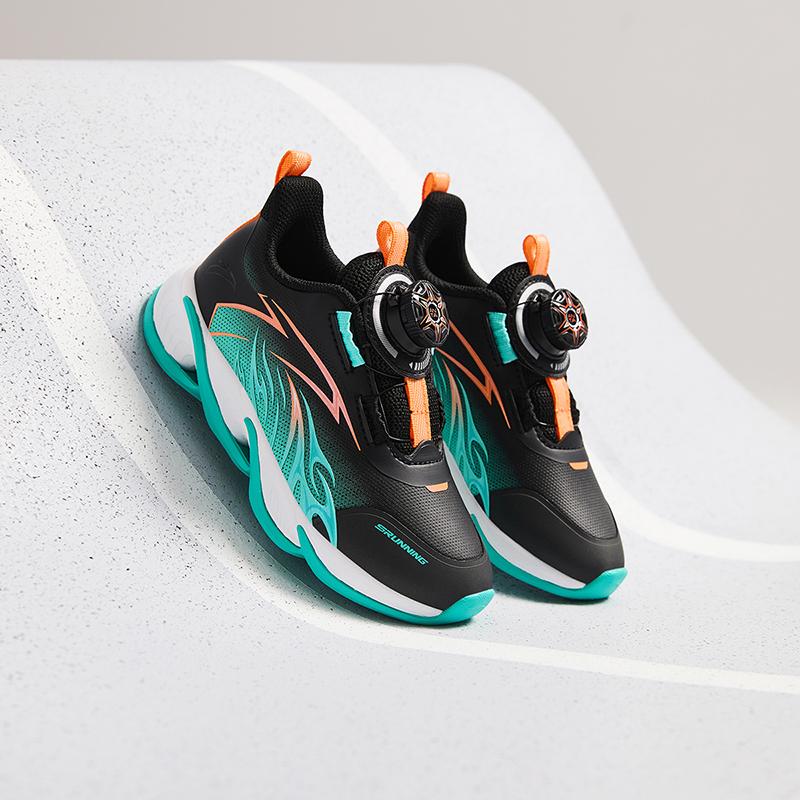 Anta Kids Synthetic Leather Trendy Versatile Lightweight Shock Absorbing Low Top Running Shoes Kids Sneakers Black Green Orange A12439912N-1