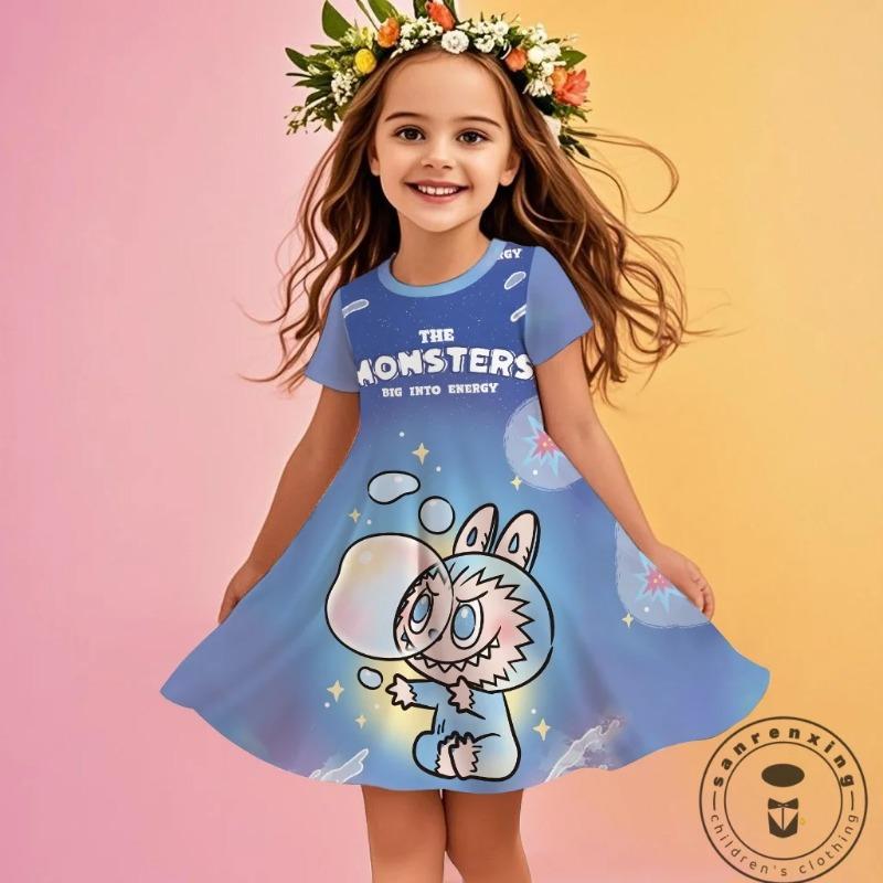 

Праздничное платье для девочки Miniso 2025 Новое летнее Disney LABUBU Для девочек 3D-печать Милые детские платья Детское 130