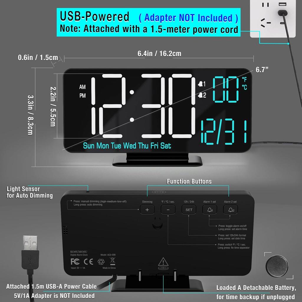 KOSUMOSU Digital Clock for Bedroom 6.7in Small Digital Alarm Clock Black, Dimming,12/24h,Date,Day of Week, Indoor Temperature,Desk Clocks for