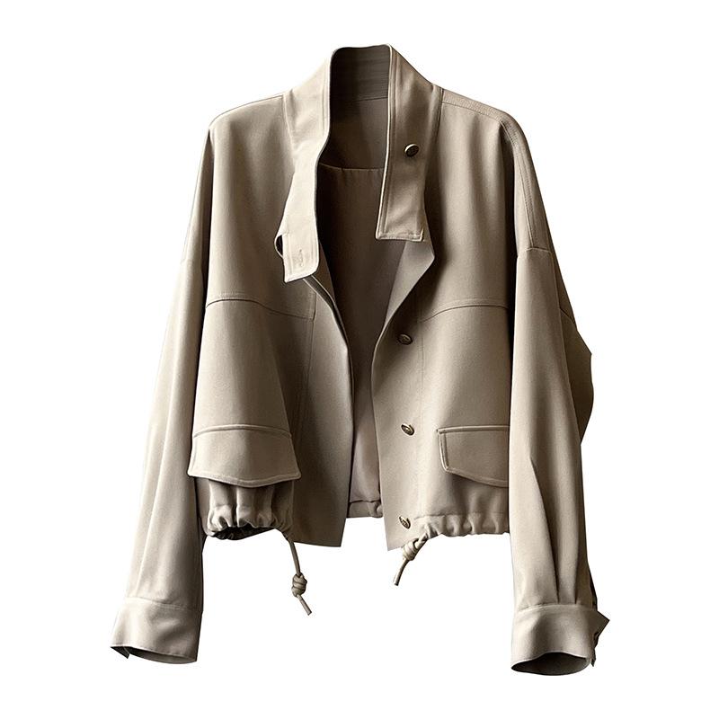 Korean Standing Collar Jacket Cardigan Women's Autumn New Loose Hem Drawstring Short Jacket