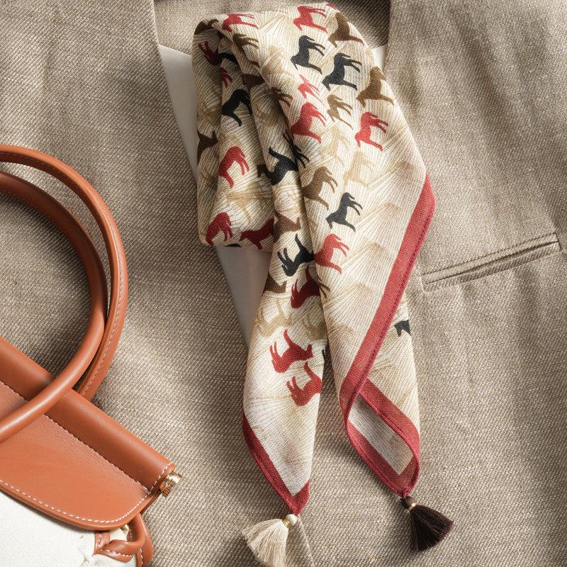 Handmade high-end retro French gemstone silk scarf women's spring and autumn thin cotton and linen small square scarf scarf double-sided scarf
