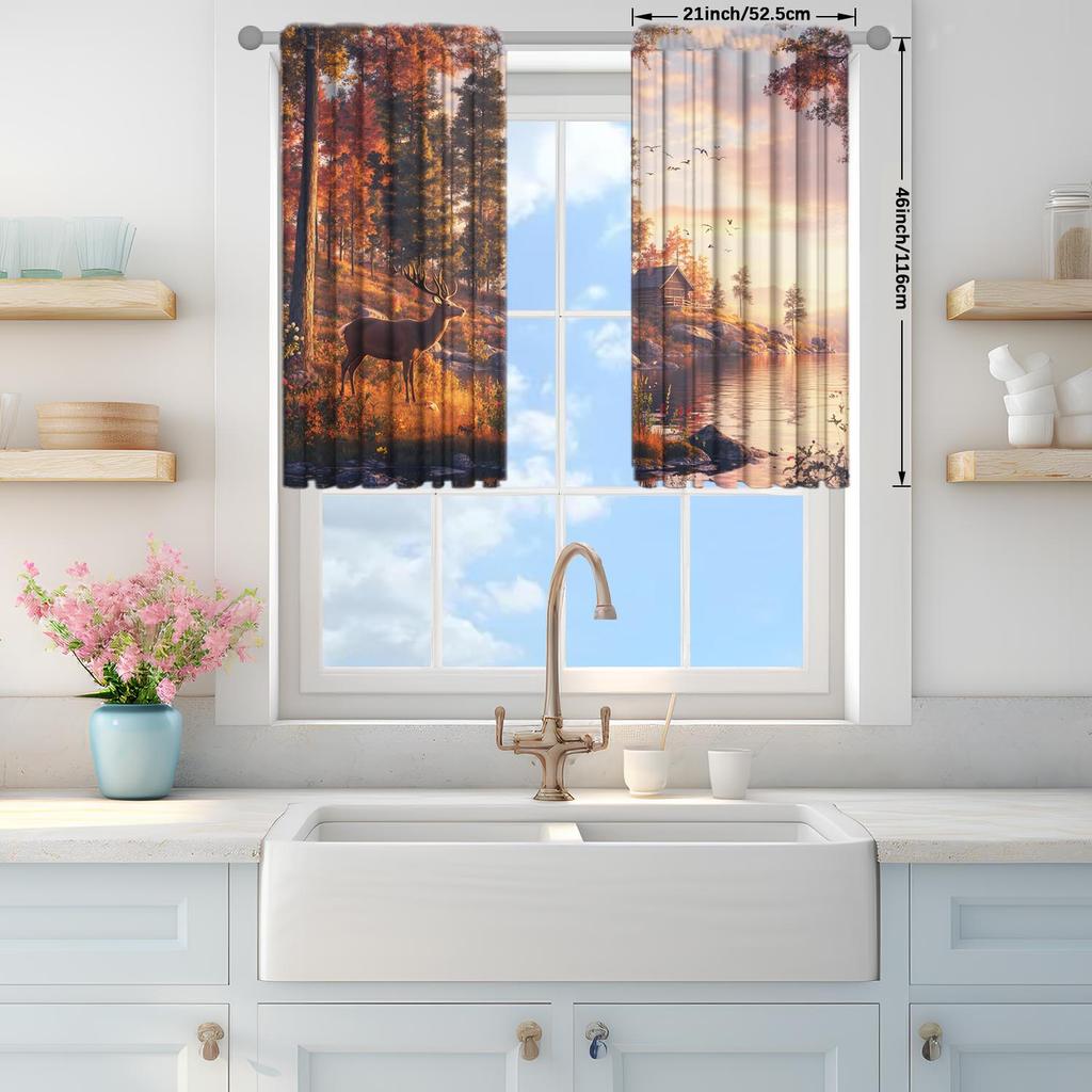 2 Panels Autumn Forest Deer Pattern Window Curtains   Half Blackout Suitable for Artistic Home Decorative Curtains