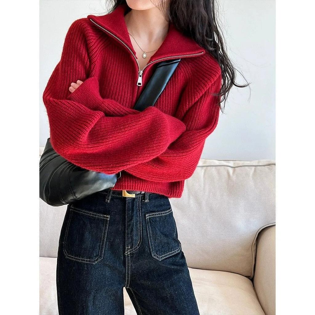 Half Zip Collar Sweater Women Pullovers Soft Knitted Long Sleeve Short Jumper Fall Winter Teen-girl Korean Fashion Outfit