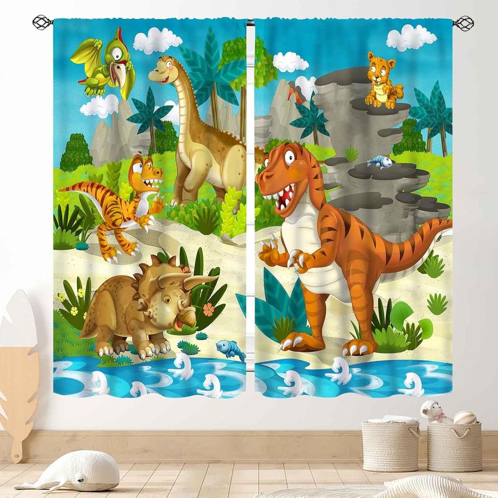 Dinosaur Curtains Boys Room Cartoon Dino Navy Blue Safari Animal Outer Space Planet Astronaut Theme Baby Window Curtain Blackout Polyester