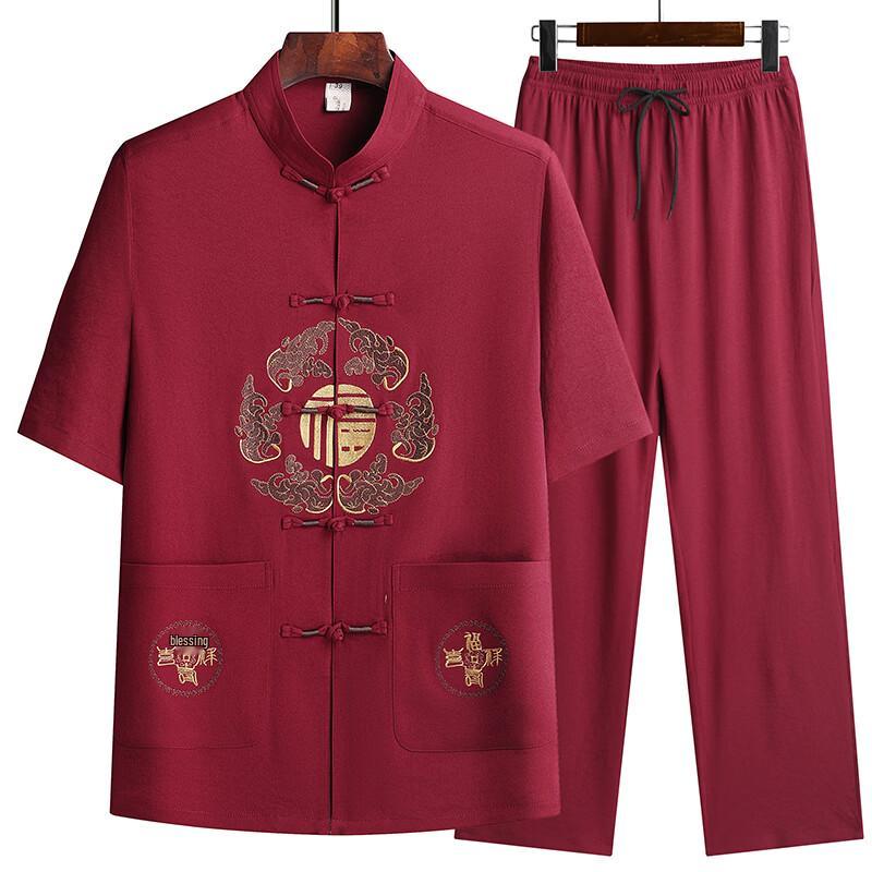 Men's Chinese Style Ice Silk Short Sleeve Tang Suit Set