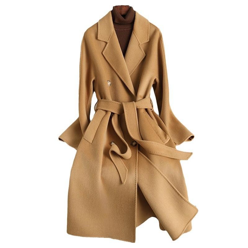Womens Double-Sided Wool Coat Oversized Longline Trench Style Knee-Length Loose Fit British Elegant Winter Outerwear