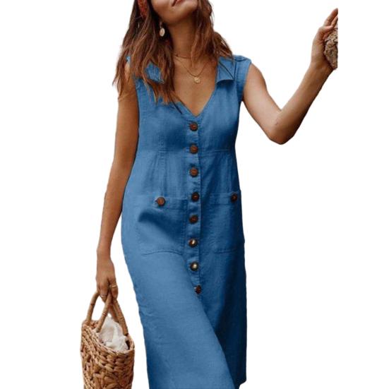 

Летнее женское платье-рубашка с отворотом и v-образным вырезом без рукавов, однобортное платье с карманами, однотонное платье миди, уличная одежда