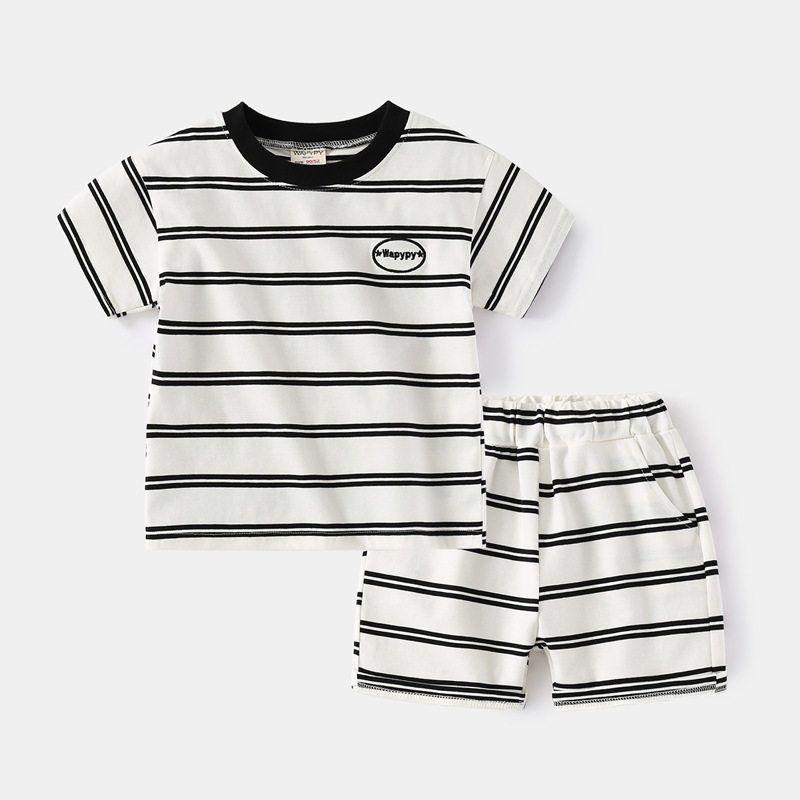Children s Short-Sleeved T-Shirt Set, Korean Style Summer Kidsren s Clothing, Boys  Shorts Two-Piece Set, Baby Boy s Stripesd Loose Clothes White Stripe Suit 110 cm