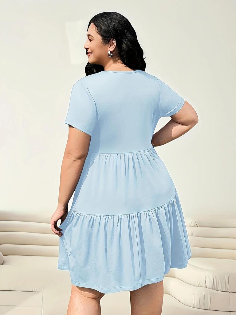 European & American Women's Solid Color Ruffle Hem Short Sleeve T-shirt Dress, Casual Fashion (2026)