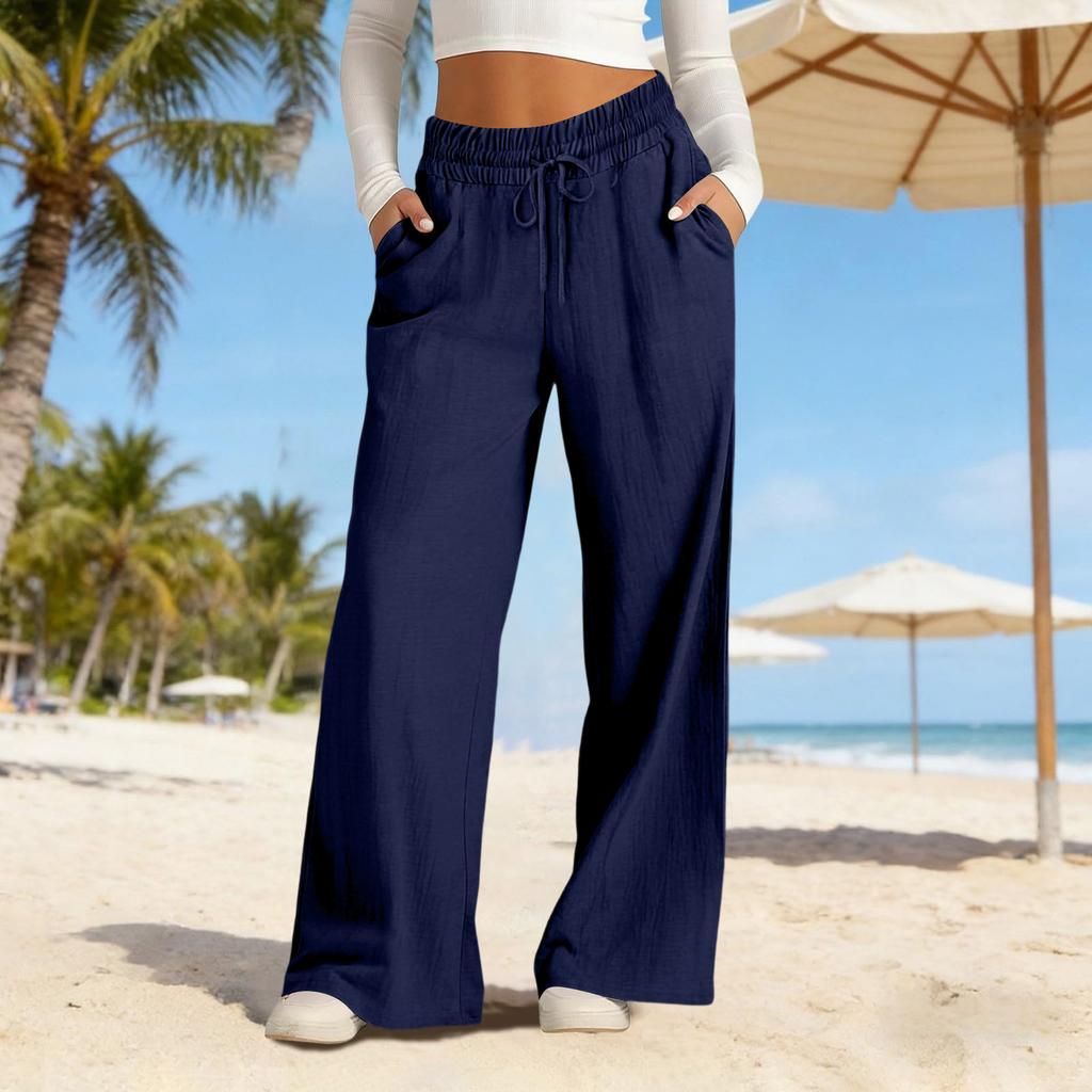 Weite Leinenhosen Damen Sommer Locker Strandhosen Für Damen Urlaub Leichte Gerade Hosen Mit Taschen