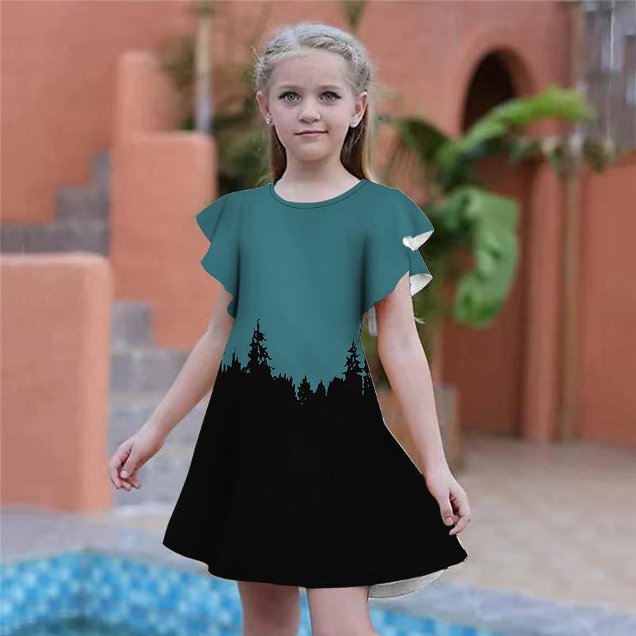 Girls Green Cypress Print Dresses Kids Girl Party Dress Loose Fitting Loose Fitting Short Sleeved Skirt For Girls Over Four Years Old
