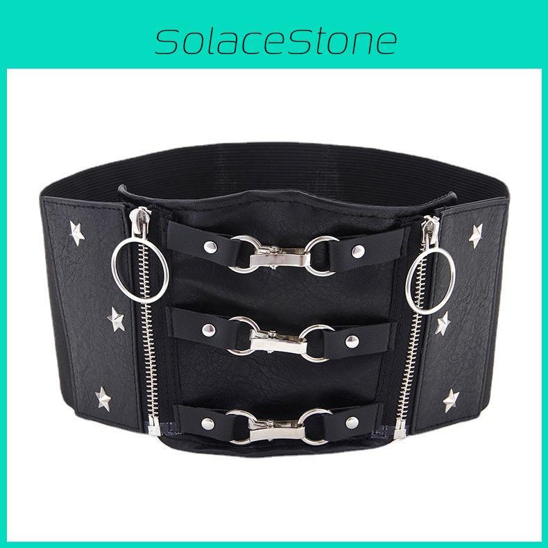 Fall Punk Style Wide Leather Waist Belt With Metal Clasp And Zipper Design