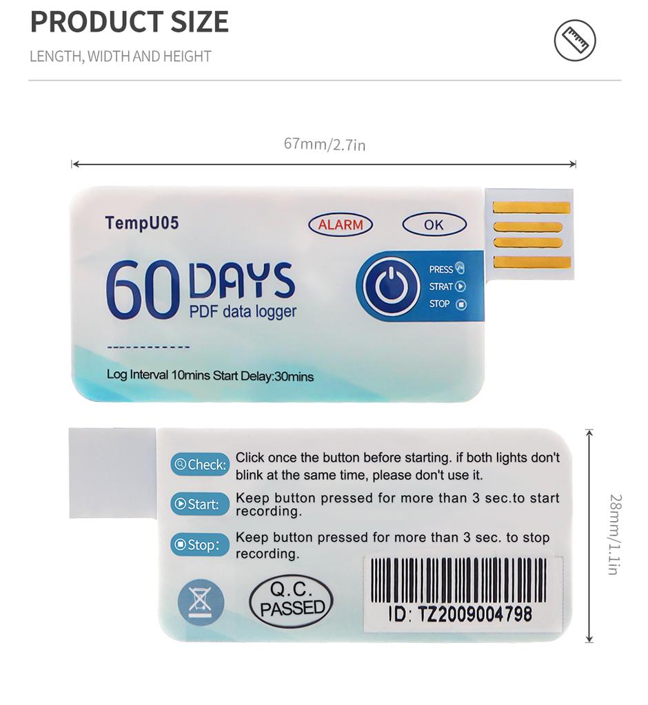 10 Pcs/lot TempU05 Temperature Data Logger 60 Days PDF Report Disposable Single Use 10000 Points USB Temperature Data Recorder