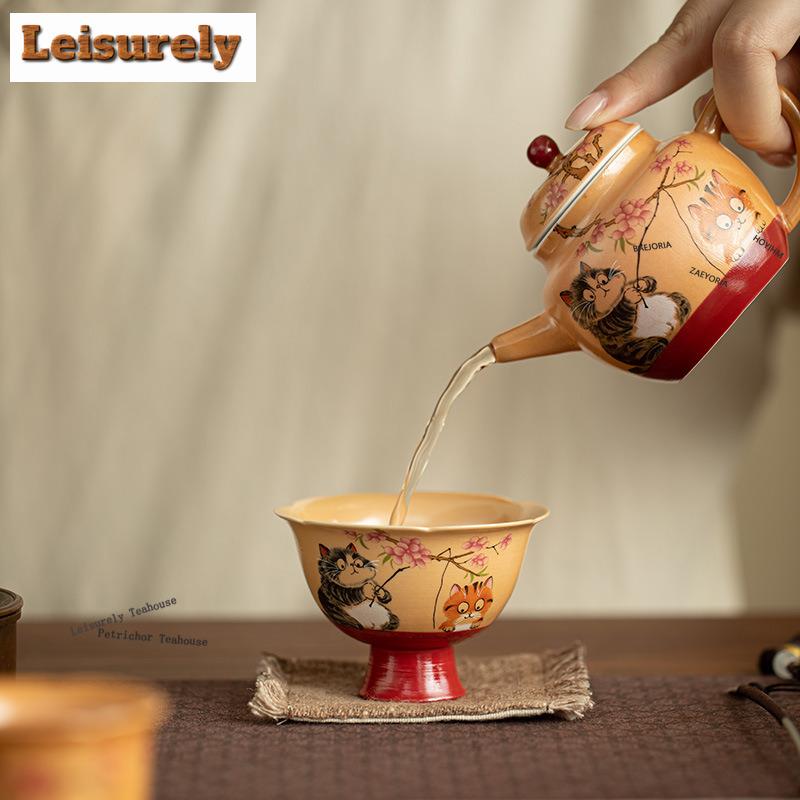 HOYIHM 111ml Meow Fun Flower Pattern Teacup Zen Tea Bowl Water Jug Tea-tasting Smelling Cup Chazhan Master Cups Tea Services