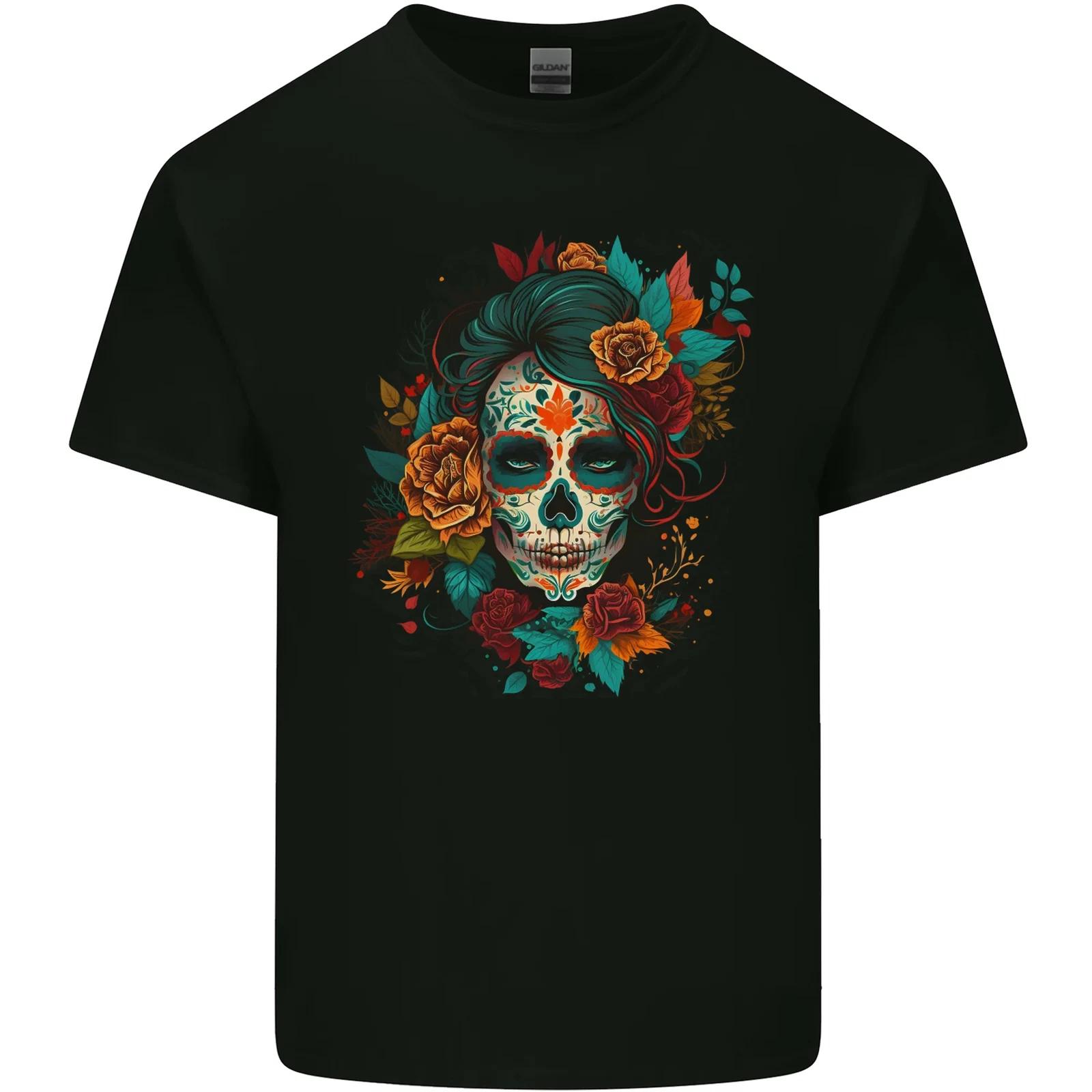 A Sugar Skull With Flowers Day of the Dead Kids T-Shirt Childrens S