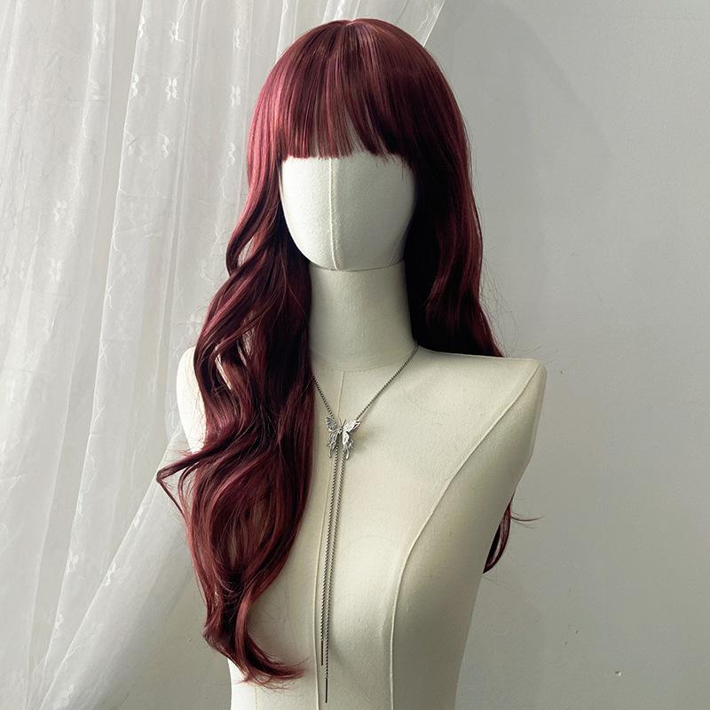 Japanese Korean Black Long Curly Hair Wig Women's Air Bangs Big Waves Synthetic Full Head Cover