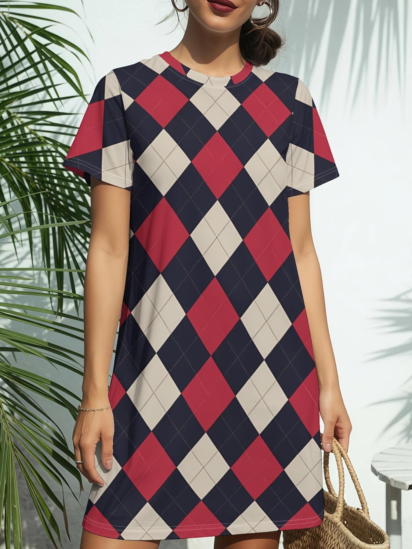 

Argyle Diamond Dashnew Arrival Women S Round Neck Short Sleeve T-Shirt Dress.American Trendy Digital Print. Casual Versatile Style for Spring And Summ 9XL дубильная кора