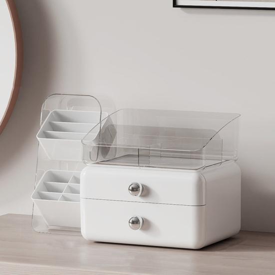 Desktop Cosmetics Storage Box Large Capacity Cosmetic Organizer with 2 Drawers Removable Multi-Compartment Box Makeup Organizer for Dresser