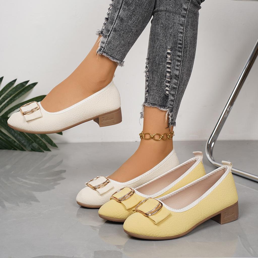 Fashion Women's Shoes 2025 Soft Sole and Soft Surface Single Shoes Summer New Shallow Mouth Metal Buckle Non-slip Square Heel Shoes