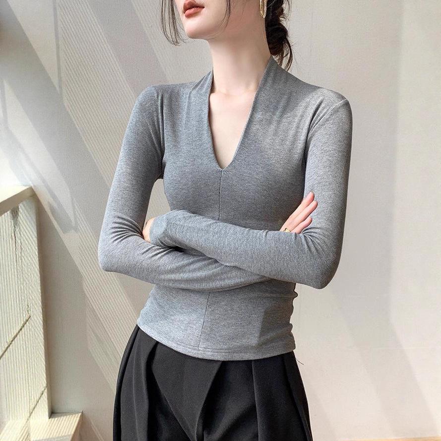Würziges Mädchen Schlankmachendes V-Ausschnitt Langarm-Oberteil für Damen - Herbst/Winter-Kollektion 2025.