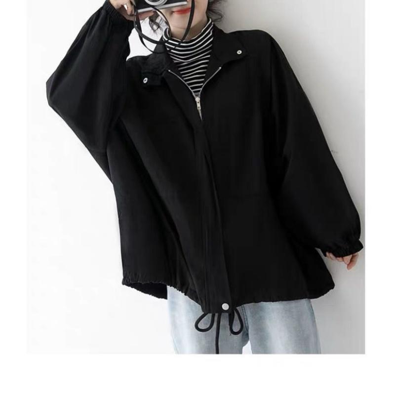 Retro Dámské Jarní a Podzimní Nové Prošívané Stojáček Kapsa na Zip Módní Jednobarevné Volné Ležérní Bundy s Dlouhým Rukávem