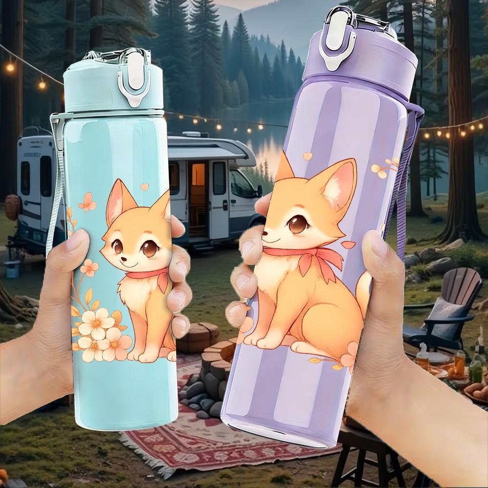 1PC Soft Wreath Fox Cartoon 750ml Color Plastic Sports Water Bottle Leakproof Flip Straw Lid Suitable for Sports Office Home Use