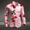 Men's Red Rose Printed Long Sleeved Shirt with White Casual Button Up Top for Romantic Occasions