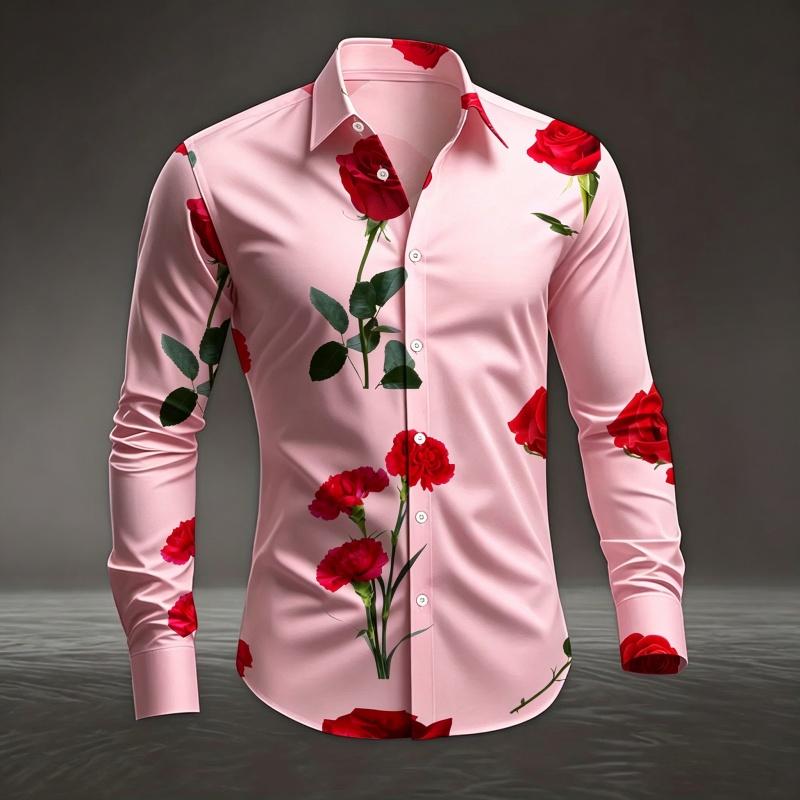Men's Red Rose Printed Long Sleeved Shirt with White Casual Button Up Top for Romantic Occasions