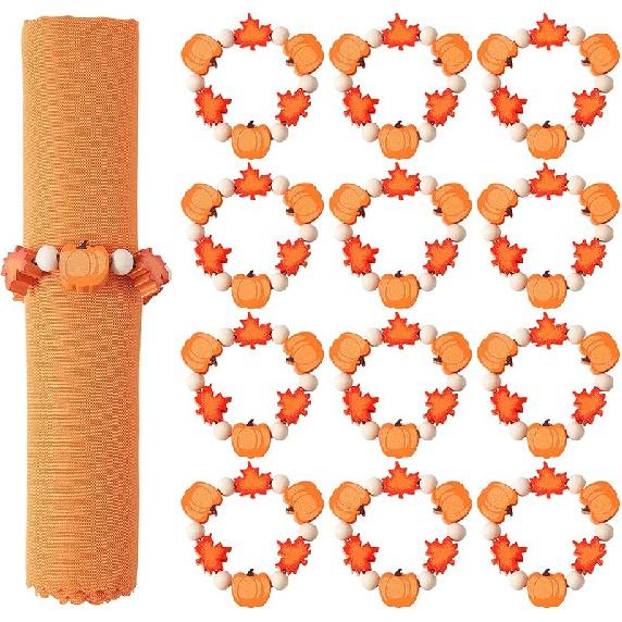 APTWOW Fall Thanksgiving Napkin Rings Set of 12, Pumpkin Maple Leaf Wooden Bead Napkin Rings for Fall Thanksgiving Decorations, Fall Thanksgiving 6
