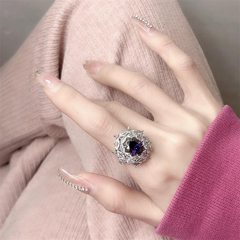 Women's Gemstone Zircon Ring: Purple, Full Diamond Inlay, Colorfast, High-End, Ultra Shiny for Live Broadcast