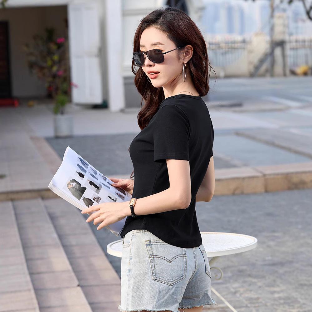 Korean Style Slim Fit Women's V-neck Short Sleeve T-shirt - Solid Color Fashion Top