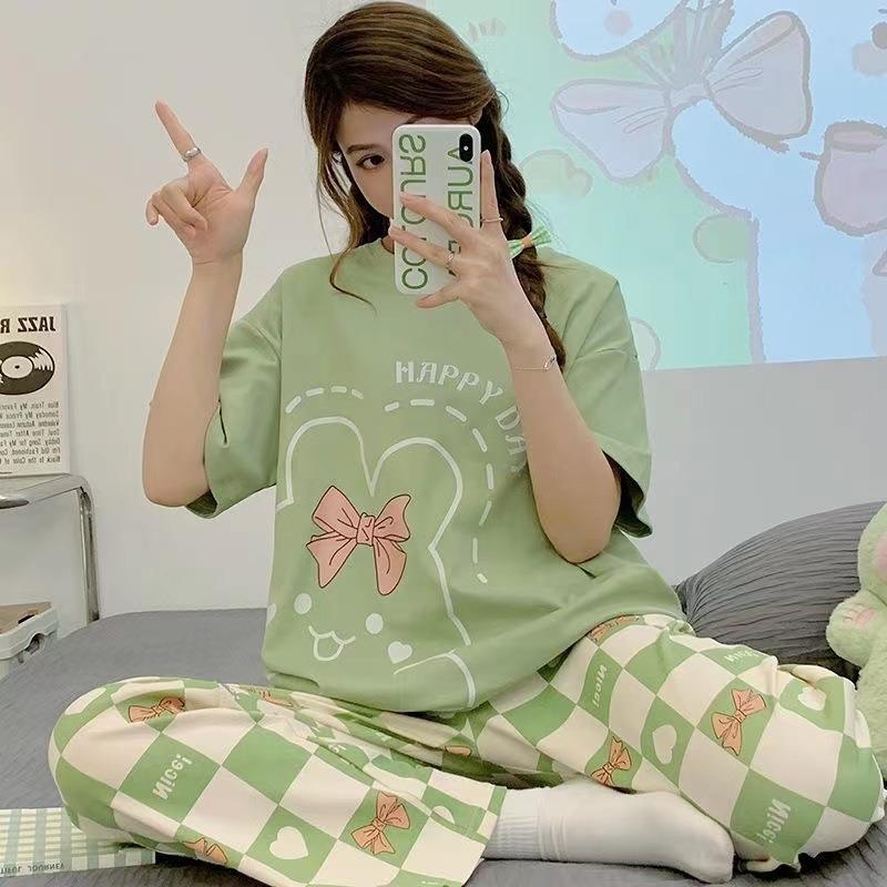Pajamas women's short-sleeved trousers summer cartoon cute 2 new cartoon spring and summer loungewear suit can be worn outside