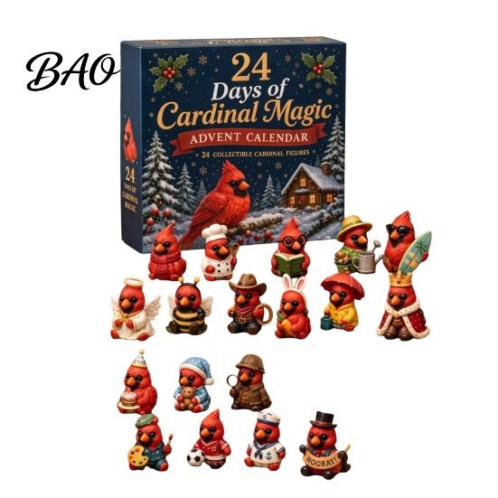 Miniature Theme Dolls Red Bird Christmas Advent Calendar, 24 Unique Desk Decor Figurines, Tree Hanging Ornaments for Holiday Gifts Figures