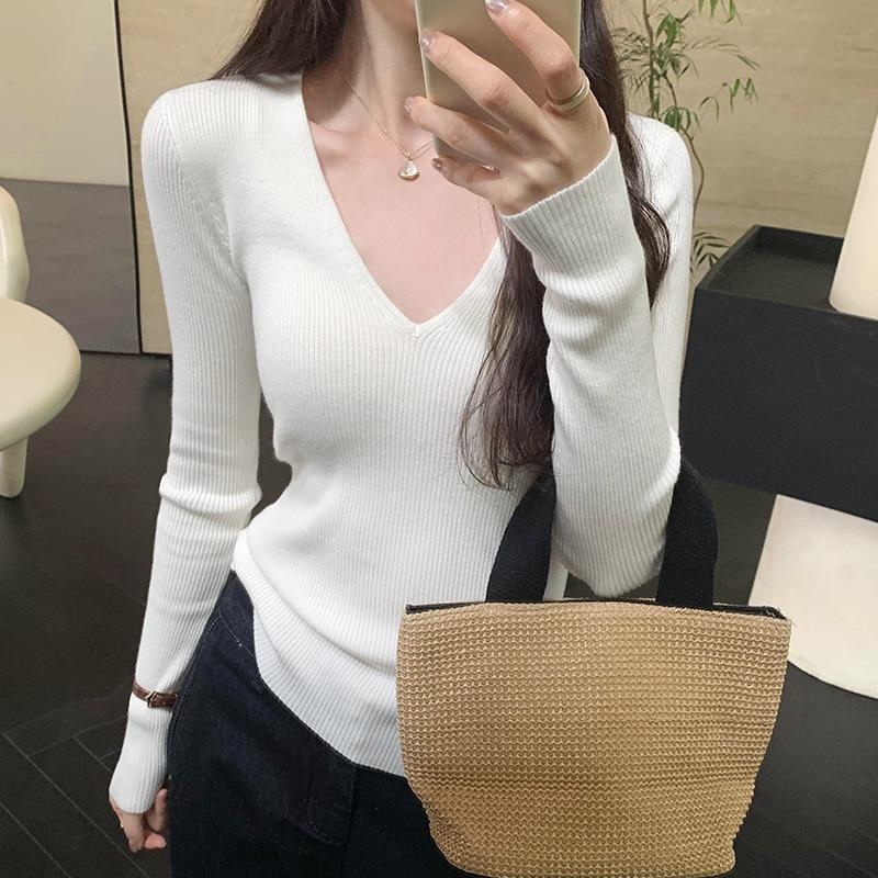 Spice girl neck knitted sweater women's spring, autumn and winter inner bottoming shirt slim and thin waist tight shoulder long-sleeved top