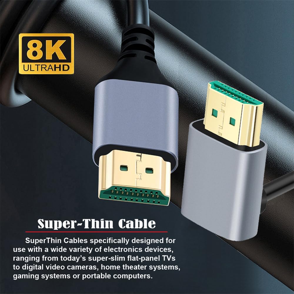 xiwai 8K HDMI HDTV Hyper Slim Cord with Up Male to for and Home Theaters 2.1 Ultra-Thin Cable, 0.5m, 4K, Flexible, 90-Degree Angle, Type-A Male,