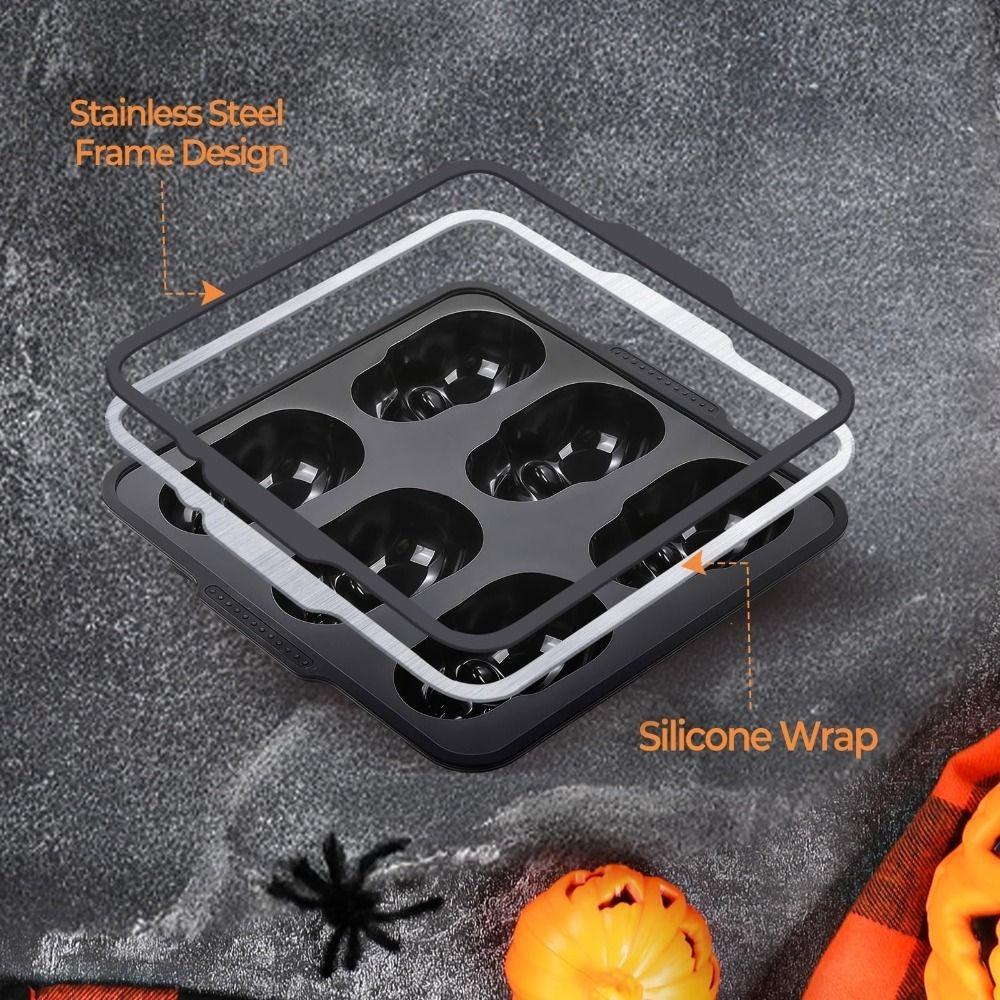 Trendy Silicone Halloween Skull Cake Pan 6 Cavity Skull Metal Framed Baking Tray Food-Safe Non-Stick Baking Pan for Baking