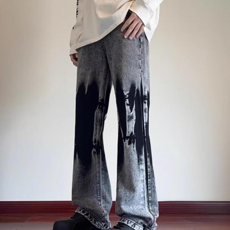 JYL Men s Flare Jeans American Tie-Dye Narrow Slim Trendy Vintage Denim S