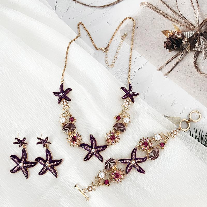Island style beach starfish vacation four-piece set chain alloy diamond-encrusted bohemian shell jewelry