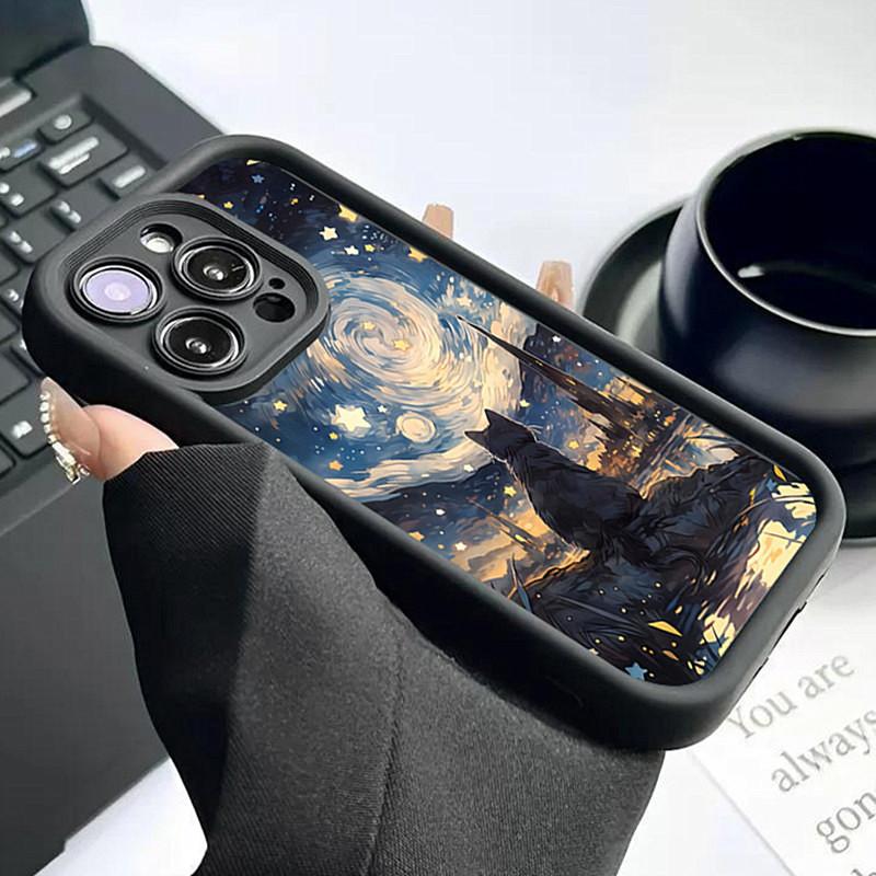 Starry Night Black Cat Moon Wave Silhouette Art  Phone Case for iPhone 17 16 15 14 13 12 11 Series Pro Max Plus