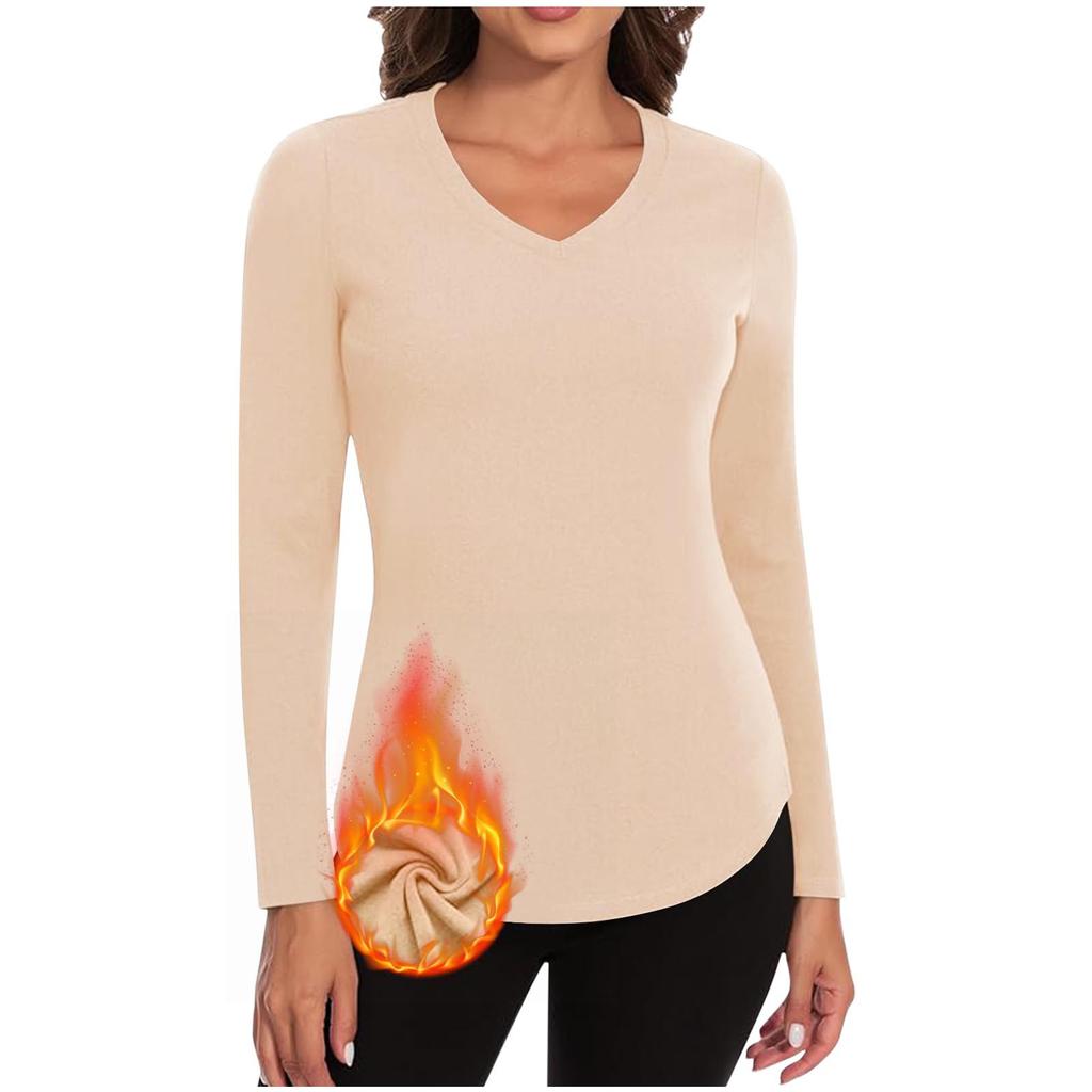 Women's Fashionable Casual Long-Sleeved Knit Top With Fleece , V-Neck, Solid Color, Slim Fit, Stretch Top