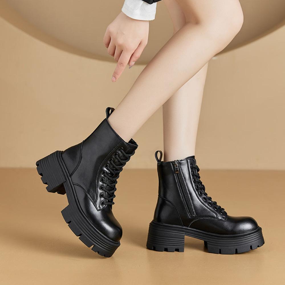 Women's Platform Boots 2025 Leather Platform Heightening Boots Women's Versatile Retro British Style Short Boots Platform Shoes