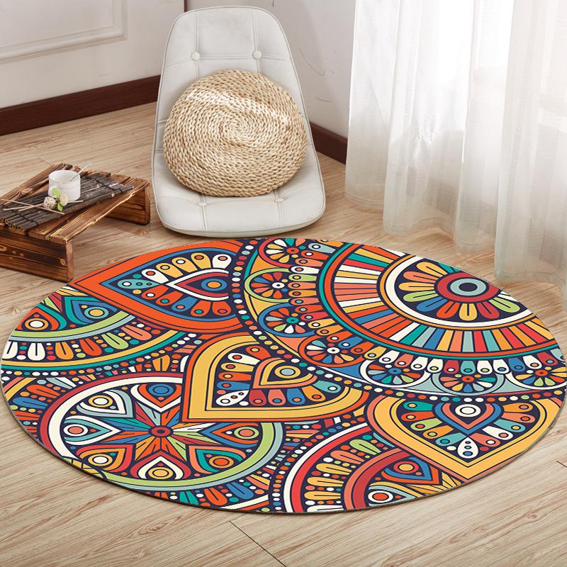 

Bohemian Ethnic Round Carpet Colorful Geometric Floral Squares Print Floormat Patchwork Design Home Decoration Non-Slip Rug 40x40cm