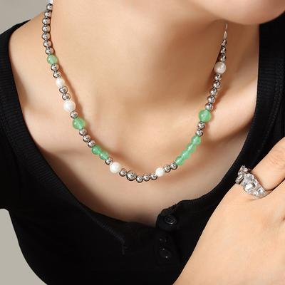 Ethnic Style Jade Bead Imitation Pearl Splicing Necklace Niche Design Bohemian Collarbone Neck Chain