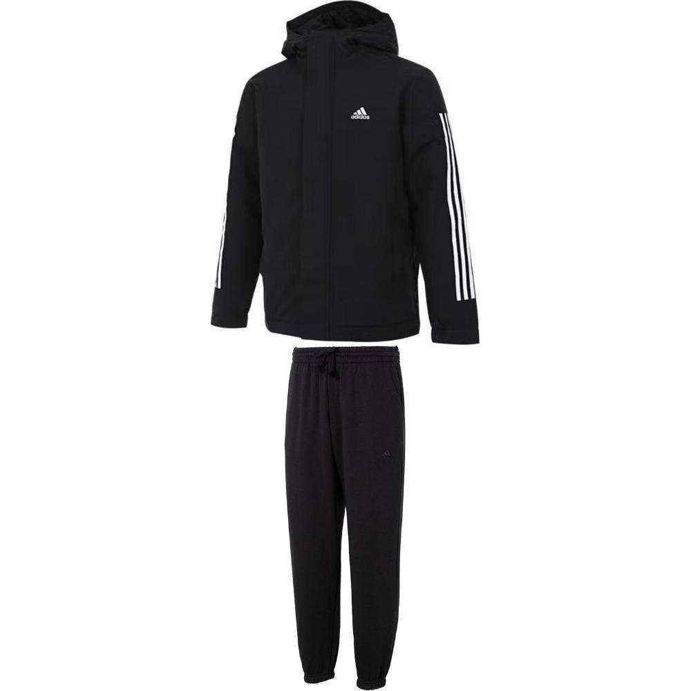 

Adidas Короткая полосатая хлопковая куртка с капюшоном на молнии, флисовые теплые штаны с манжетами, повседневный спортивный комплект для мужчин, черный IX8884+IB4048 2XL