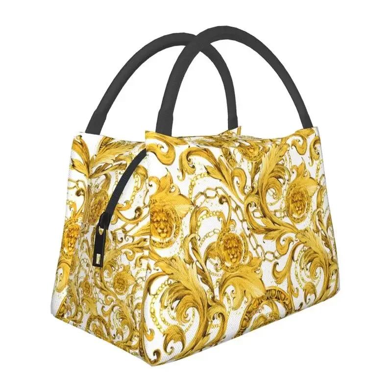 Luxury Golden Europe Floral Insulated Lunch Bag for Work Office Leakproof Thermal Cooler Lunch Box Women