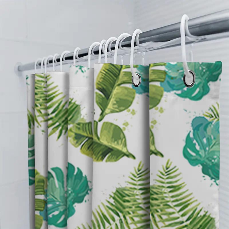 Vibrant Greenery Shower Curtain Waterproof Fabric For Bathroom Decor Tropical Leaves Print In Blue White Colors Size 180X240Cm