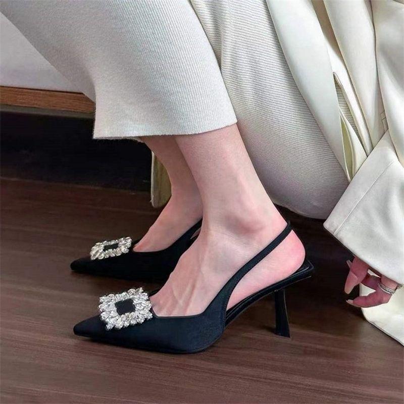 Schwarze spitze High-Heel-Einzelschuhe, Strass-Taschenkopf-Sandalen, Damen Sommer neue Stiletto-Röcke mit hohen Absätzen