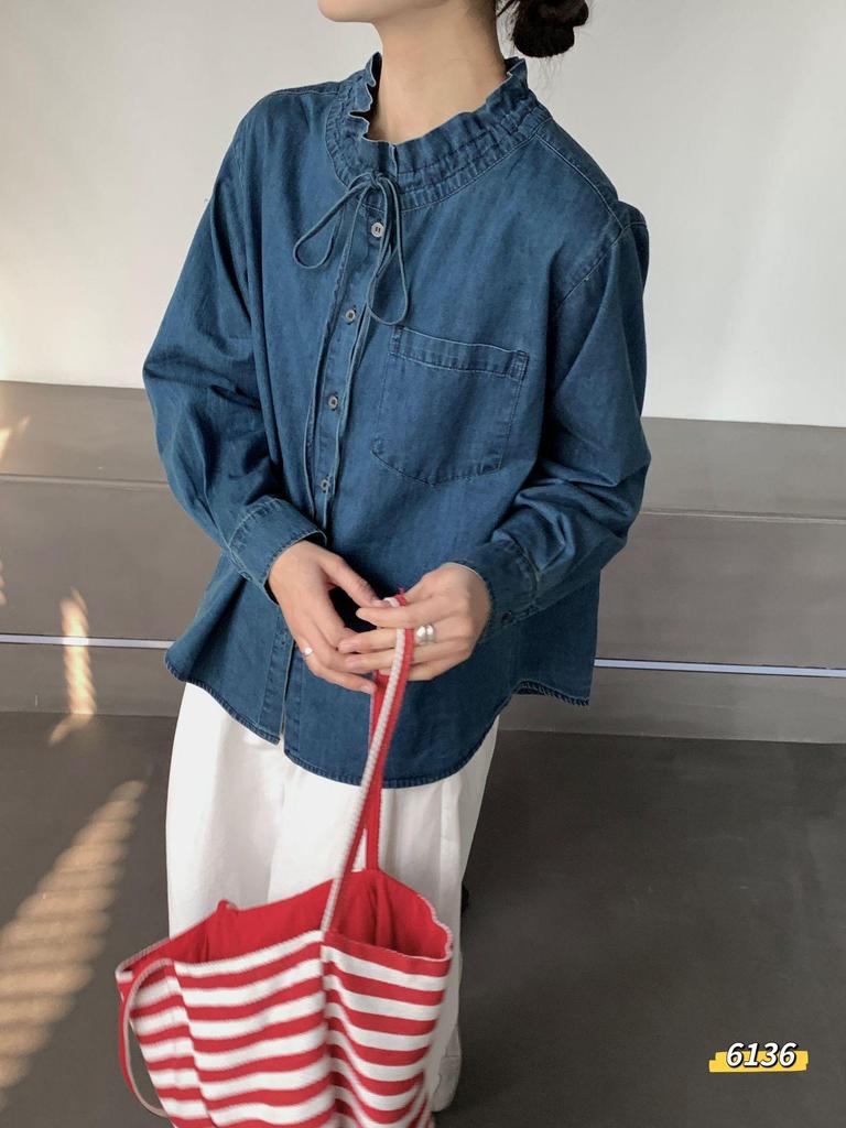 Spring Youth Denim Lace-Up Ruffle Collar Long Sleeve Shirt