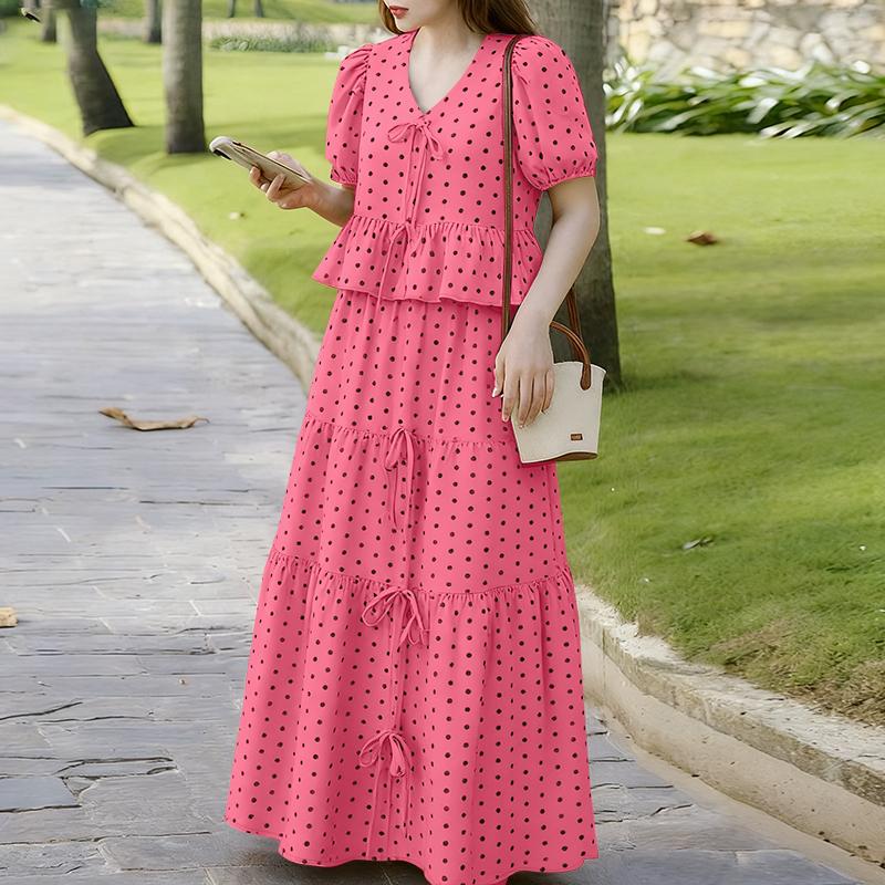 

ZANZEA Women Short Sleeve Blouse and Long Skirts Polka Dot Print Two Piece Sets 5XL